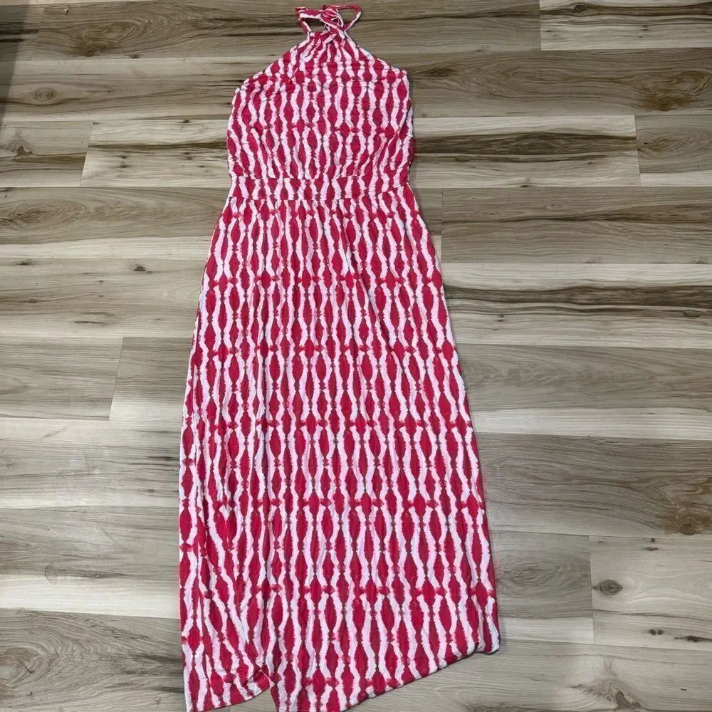 Tart Pink White Tie Dye Elastic Halter Maxi Dress Women’s Large